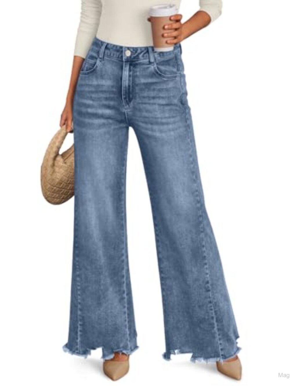 Women's High Waisted Baggy Wide Leg Jeans Raw Hem Stretchy Denim Pants